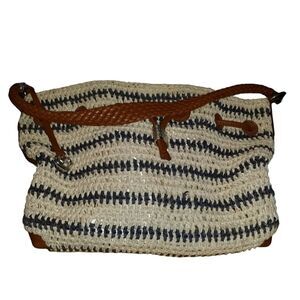 Brighton Straw Hobo‎ Bag Women Sz M Navy Beige Leather Woven Hobo Hipster Work
